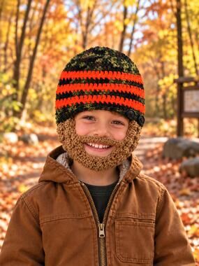 Kids Crochet Beard Beanie Camo Novelty Lumberjack Winter Hat Cabincore Outdoor